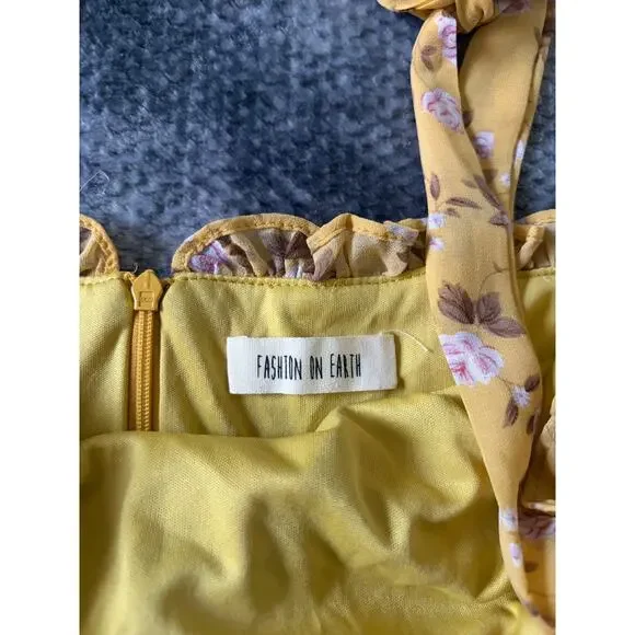 Fashion on Earth Gold Flower Tie Strap Ruffle Mini Summer Dress Size Small - NWT - Picture 6 of 8